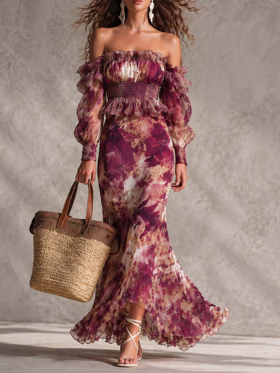 Abito Maxi in Chiffon Off-Shoulder Rosa Cipria con Fiori