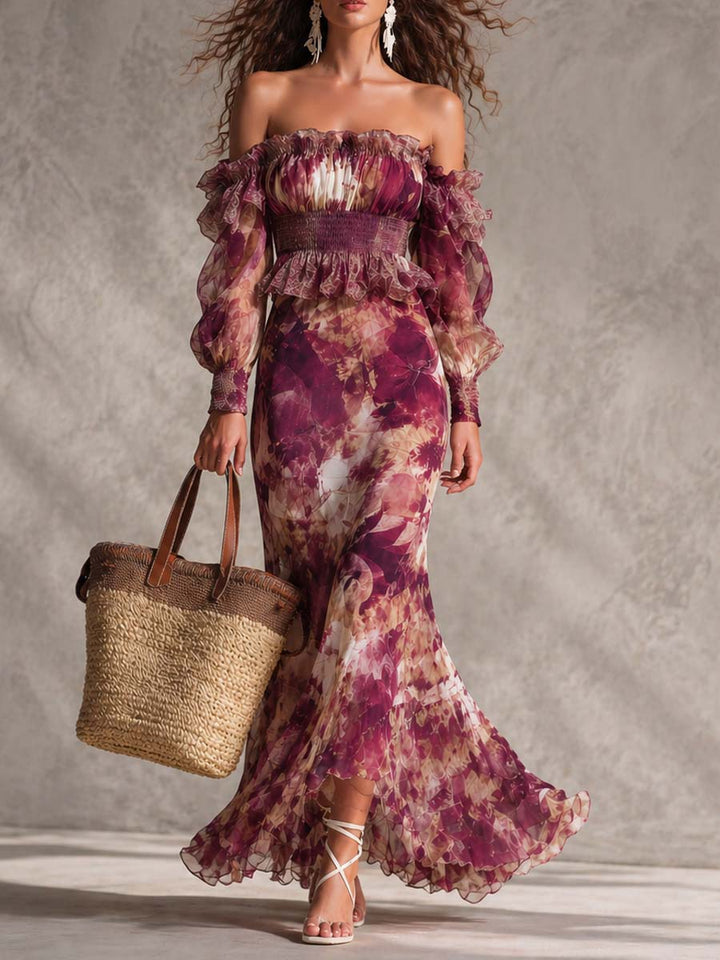 Abito Maxi in Chiffon Off-Shoulder Rosa Cipria con Fiori