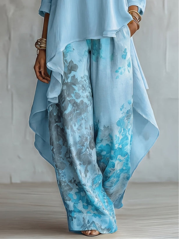 Top Asimmetrico Blu e Set di Pantaloni a Gamba Larga con Fantasia Floreale