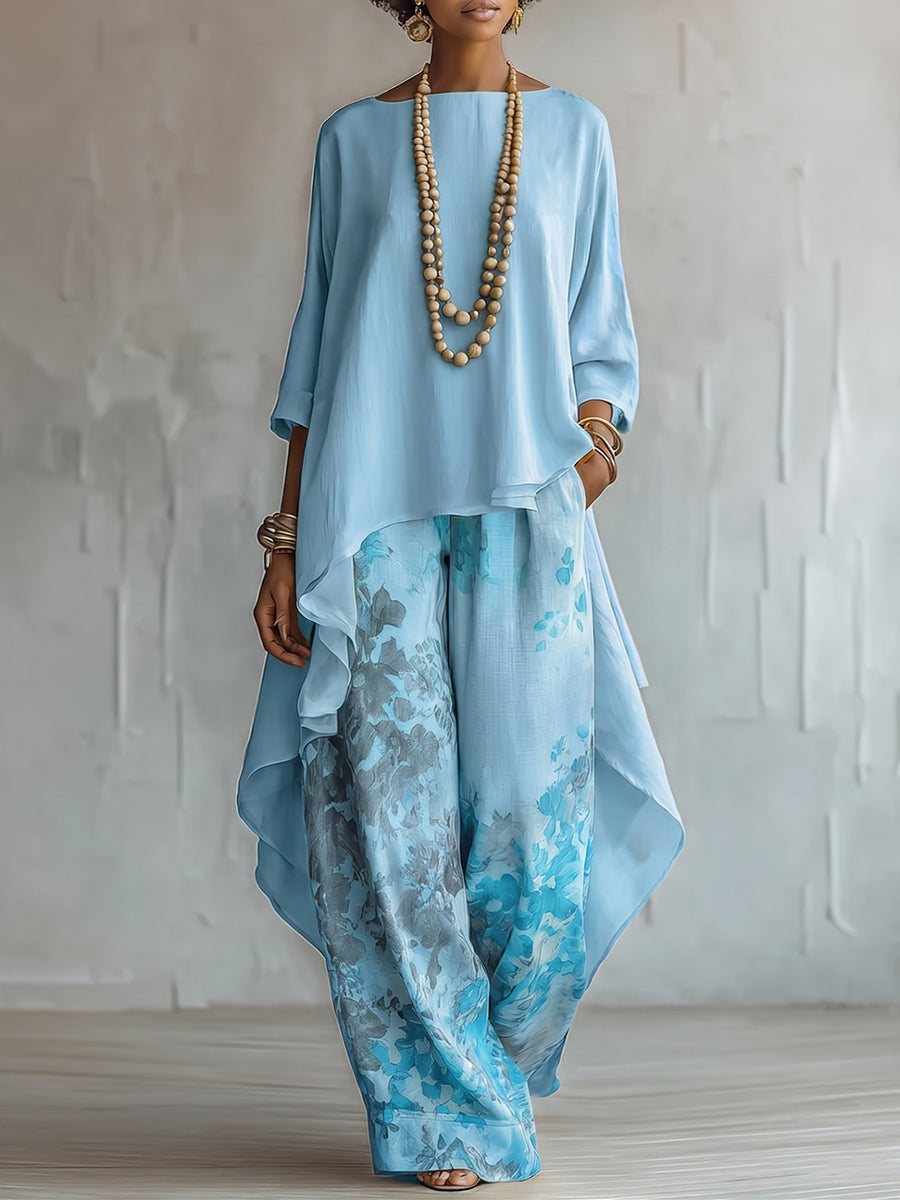 Top Asimmetrico Blu e Set di Pantaloni a Gamba Larga con Fantasia Floreale
