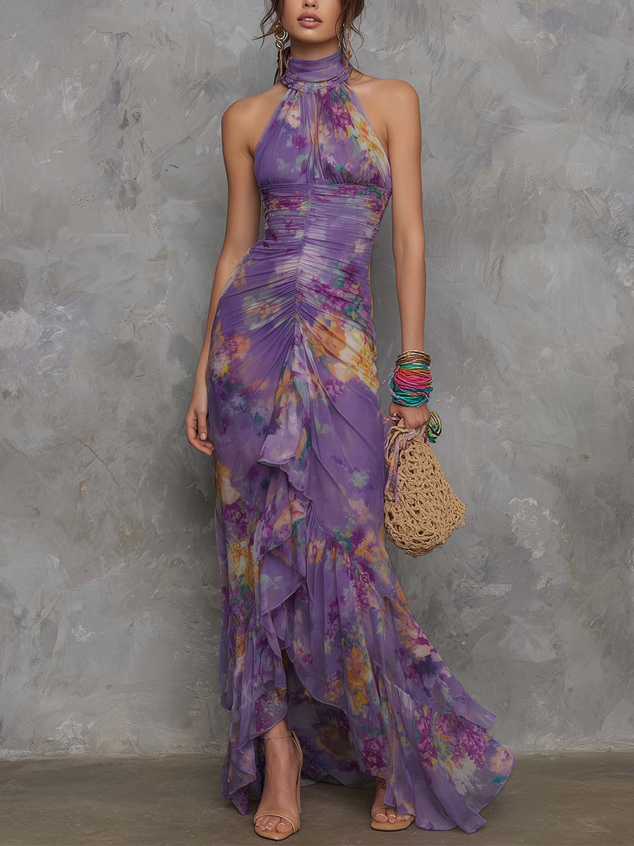 Elegante Abito Maxi in Chiffon Viola con Scollo All'Americana