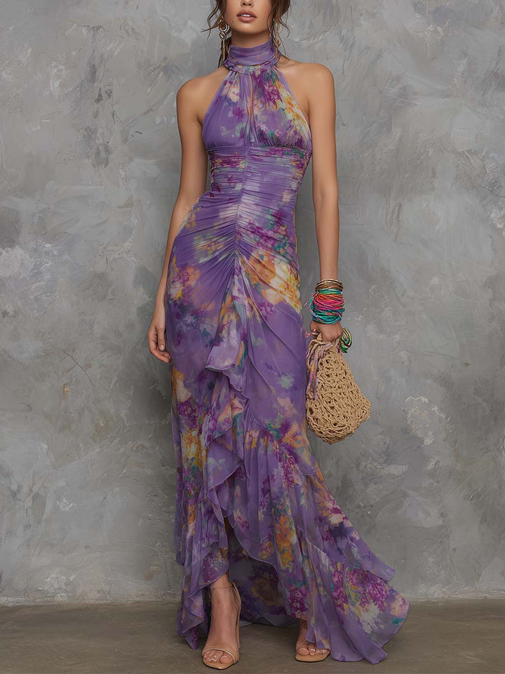 Elegante Abito Maxi in Chiffon Viola con Scollo All'Americana