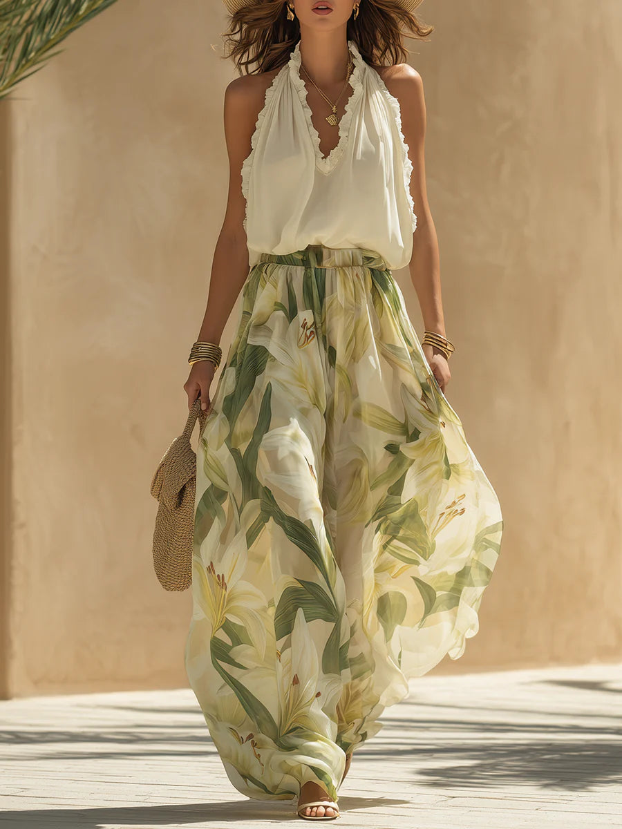 Set Top in Chiffon con Rouches e Pantaloni con Stampa di Gigli