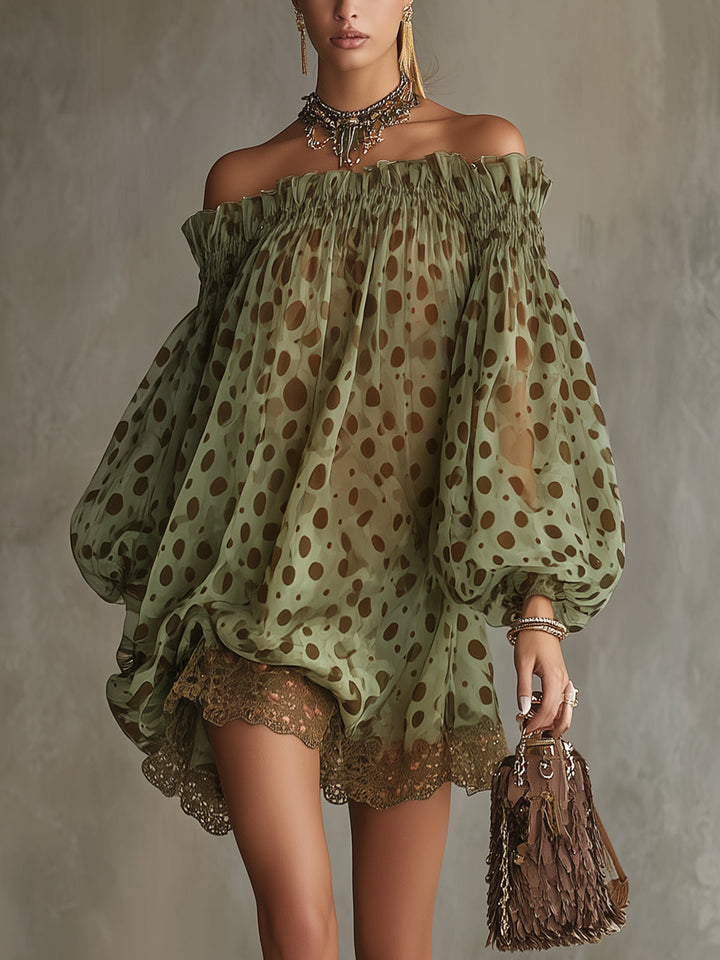 Abito Mini in Chiffon Verde a Pois con Orlo in Pizzo