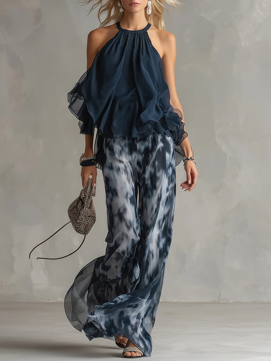 Top a Collo Halter Blu Marino e Set di Pantaloni a Gamba Larga Stampati in Chiffon