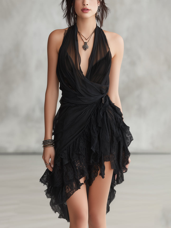 Abito Mini con Scollo Halter in Pizzo Nero