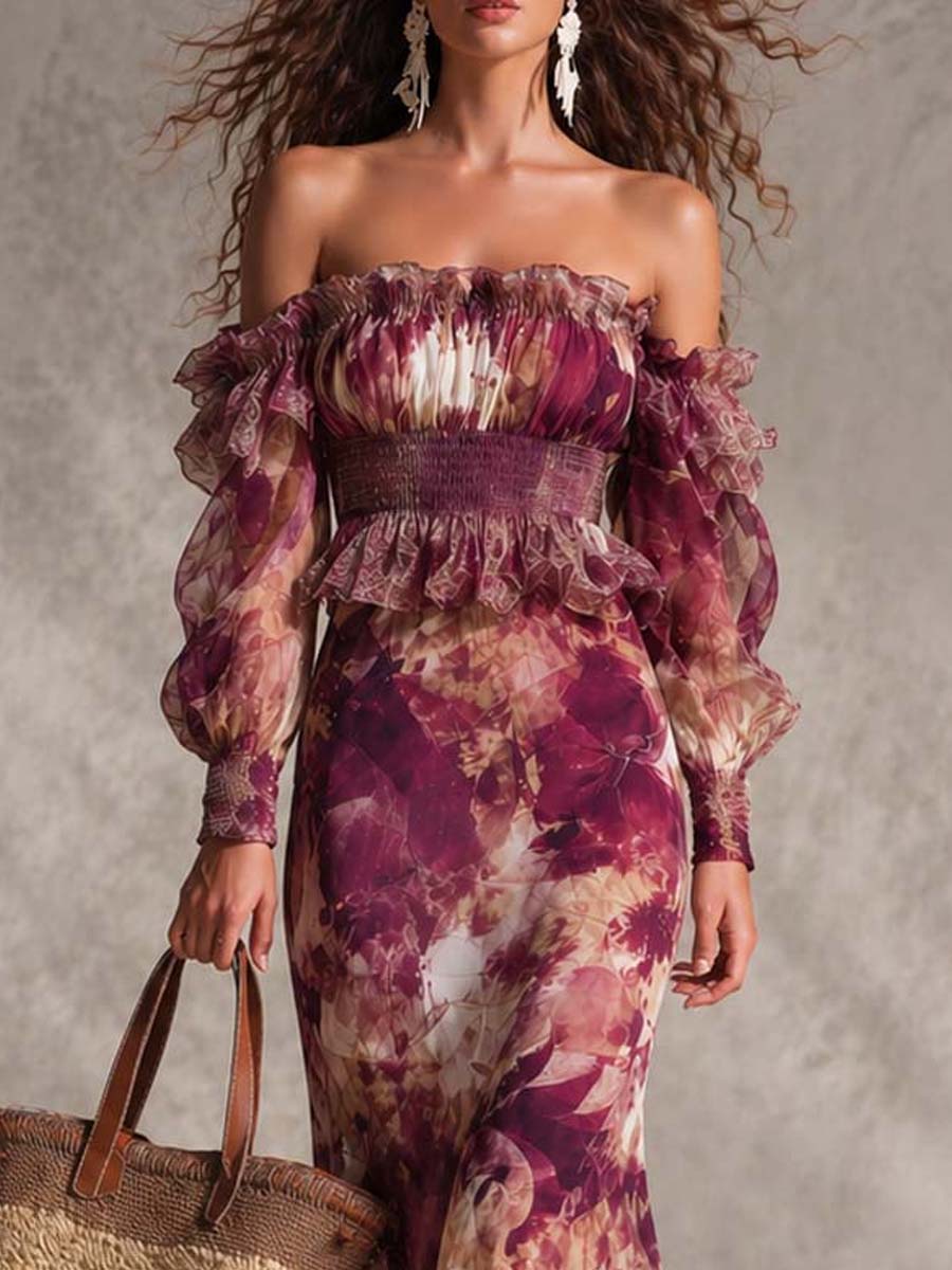 Abito Maxi in Chiffon Off-Shoulder Rosa Cipria con Fiori