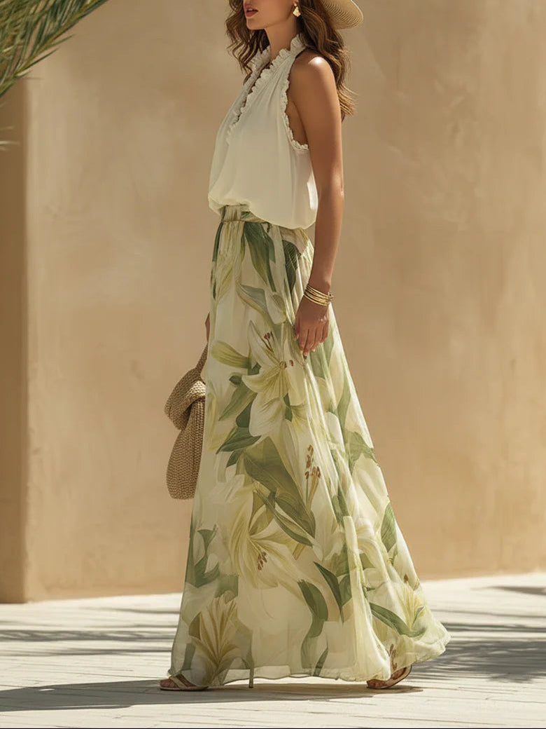 Set Top Senza Maniche in Chiffon con Rouches e Pantaloni a Stampa Giglio