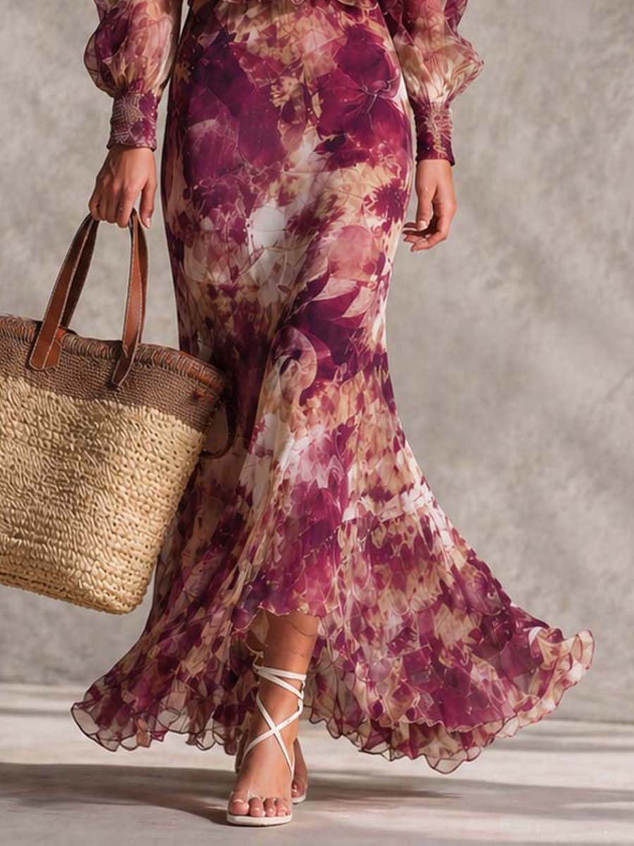 Abito Maxi in Chiffon Off-Shoulder Rosa Cipria con Fiori