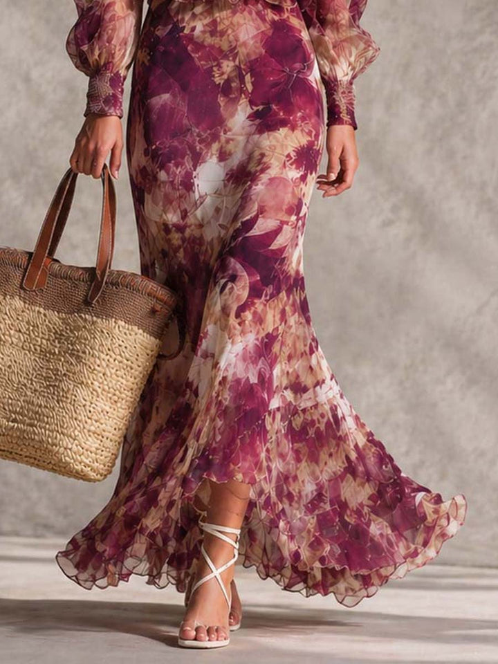 Abito Maxi in Chiffon Off-Shoulder Rosa Cipria con Fiori