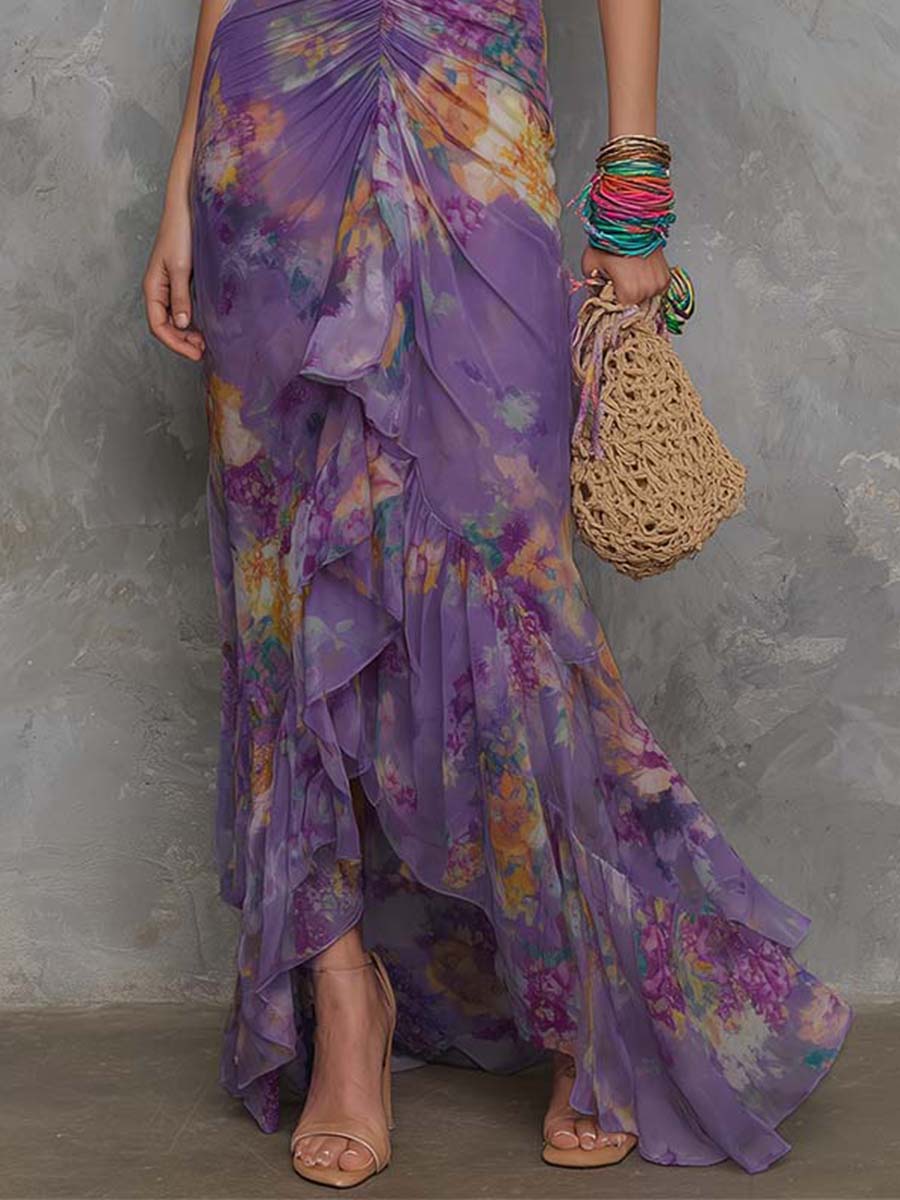 Elegante Abito Maxi in Chiffon Viola con Scollo All'Americana