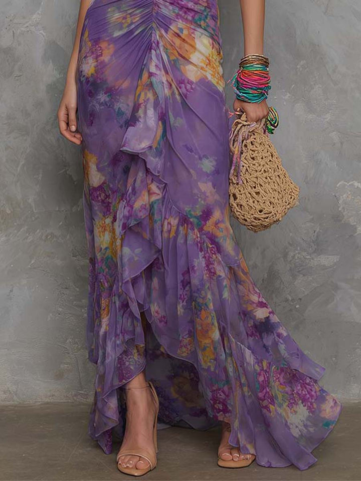 Elegante Abito Maxi in Chiffon Viola con Scollo All'Americana