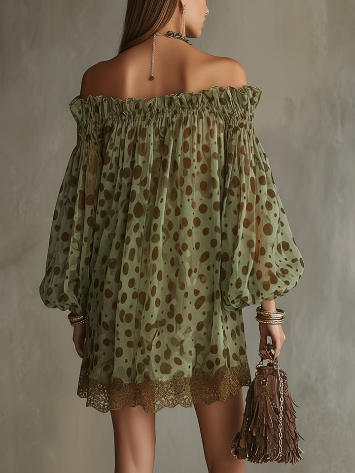 Abito Mini in Chiffon Verde a Pois con Orlo in Pizzo
