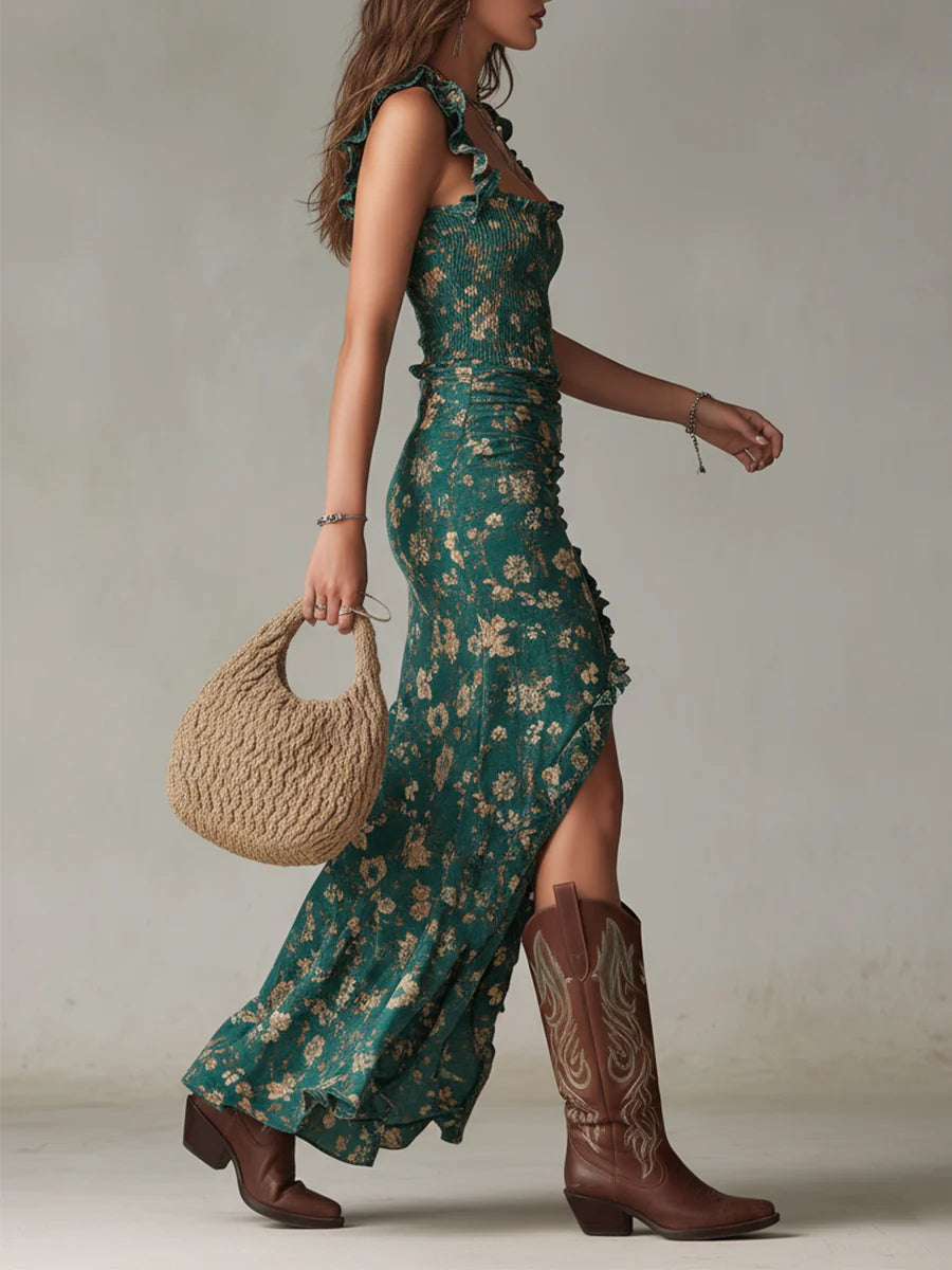 Abito Maxi Stampato Verde Bohemien con Maniche Volant