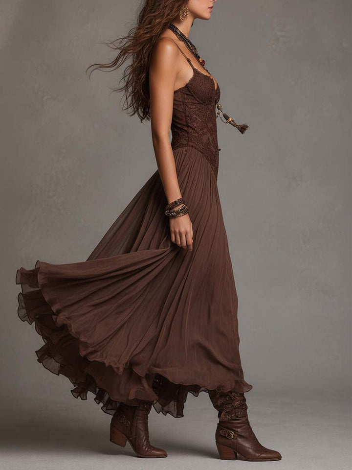 Abito Maxi in Chiffon con Pannelli in Pizzo Marrone Scuro