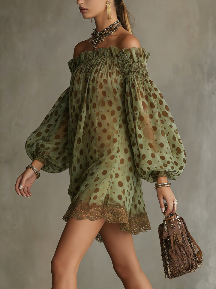 Abito Mini in Chiffon Verde a Pois con Orlo in Pizzo