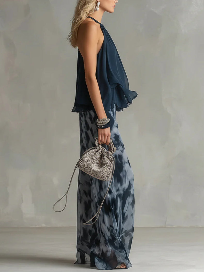 Set Top Halter e Pantaloni a Gamba Larga Stampati