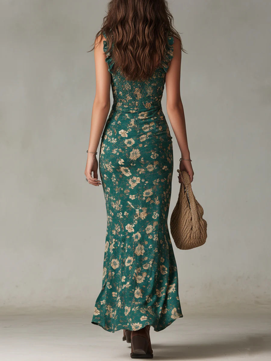 Abito Maxy Stampato Verde Bohemien con Maniche Ruffle