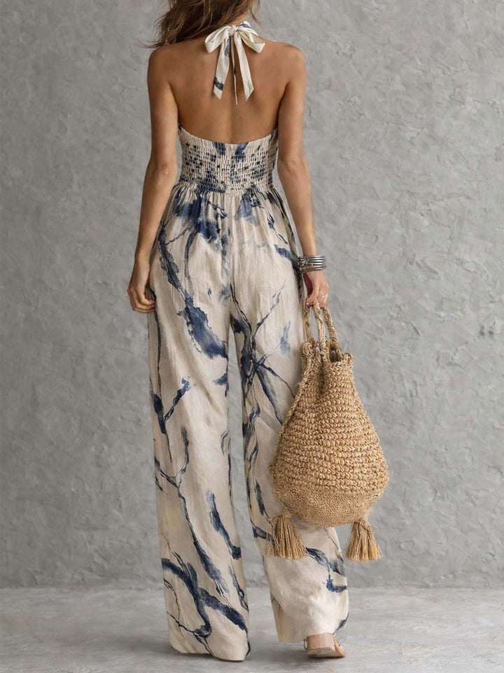 Jumpsuit a Scollo Halter con Stampa Inchiostro e Pantaloni Larghi con Tasche