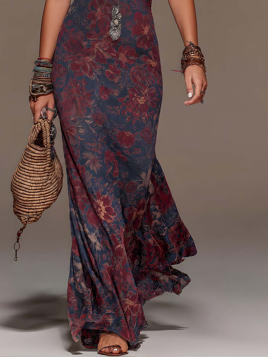 Abito Maxi Fishtail Floral con Scollo a Halter in Pizzo Retro