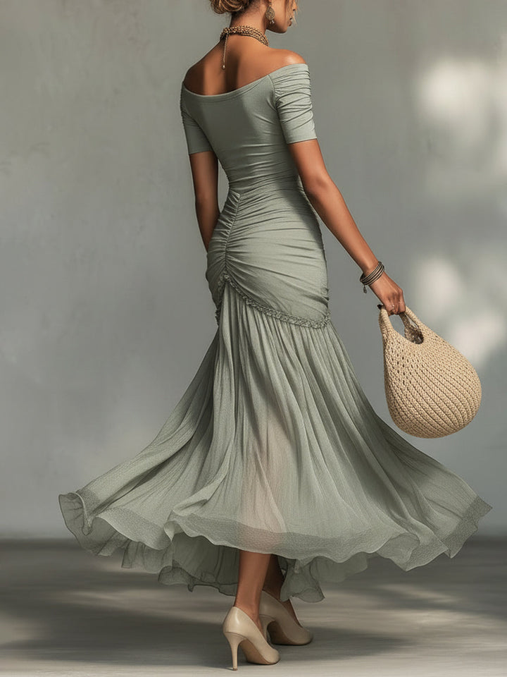 Abito Maxi in Tessuto Stretch Grigio e Chiffon