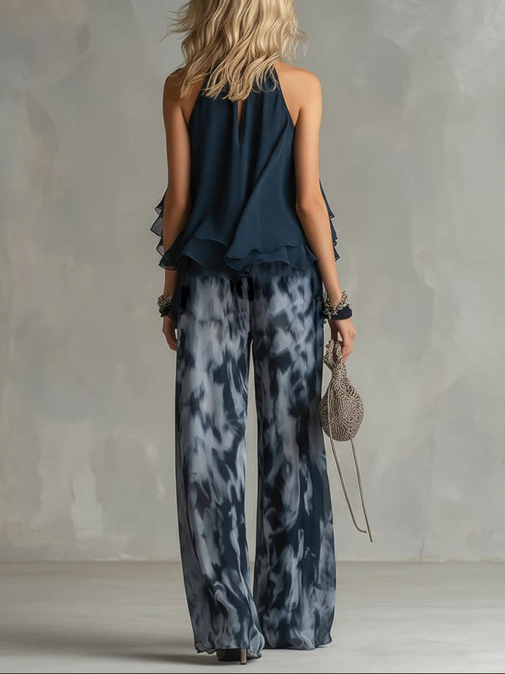 Top a Collo Halter Blu Marino e Set di Pantaloni a Gamba Larga Stampati in Chiffon