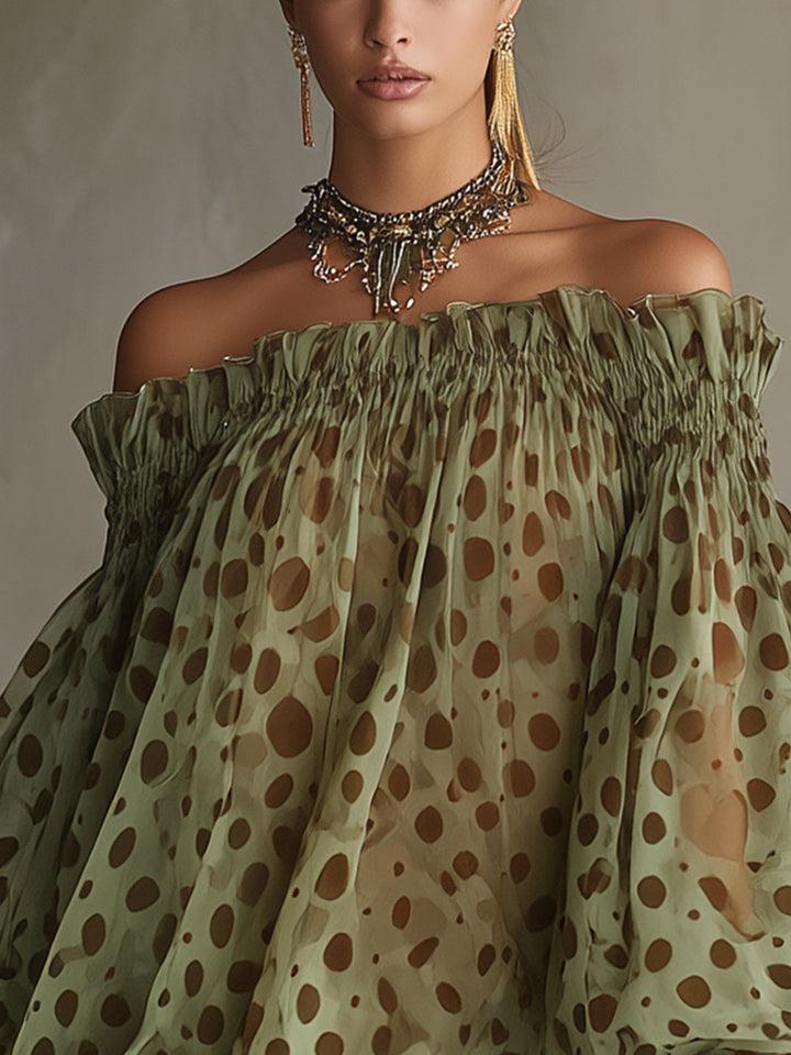 Abito Mini in Chiffon Verde a Pois con Orlo in Pizzo