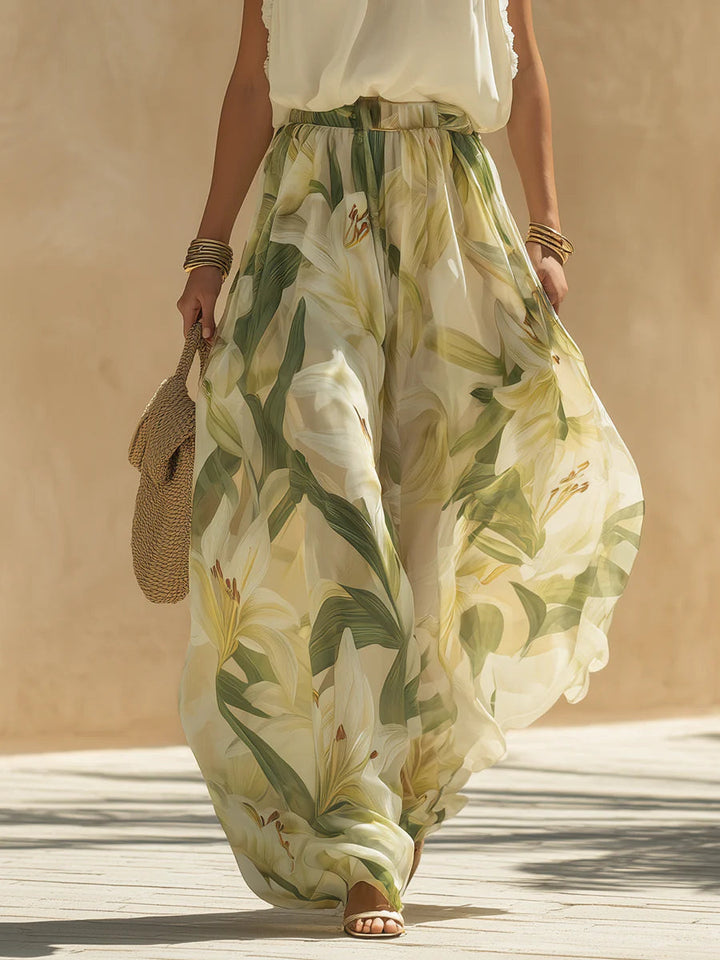 Set Top in Chiffon con Rouches e Pantaloni con Stampa di Gigli