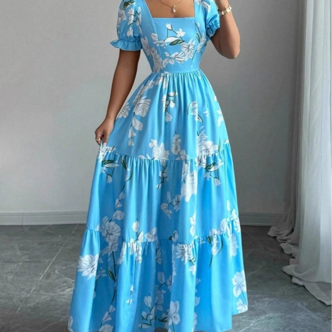 2026 New Arrival Fashionable Elegant Square- Neck Floral Print Dress