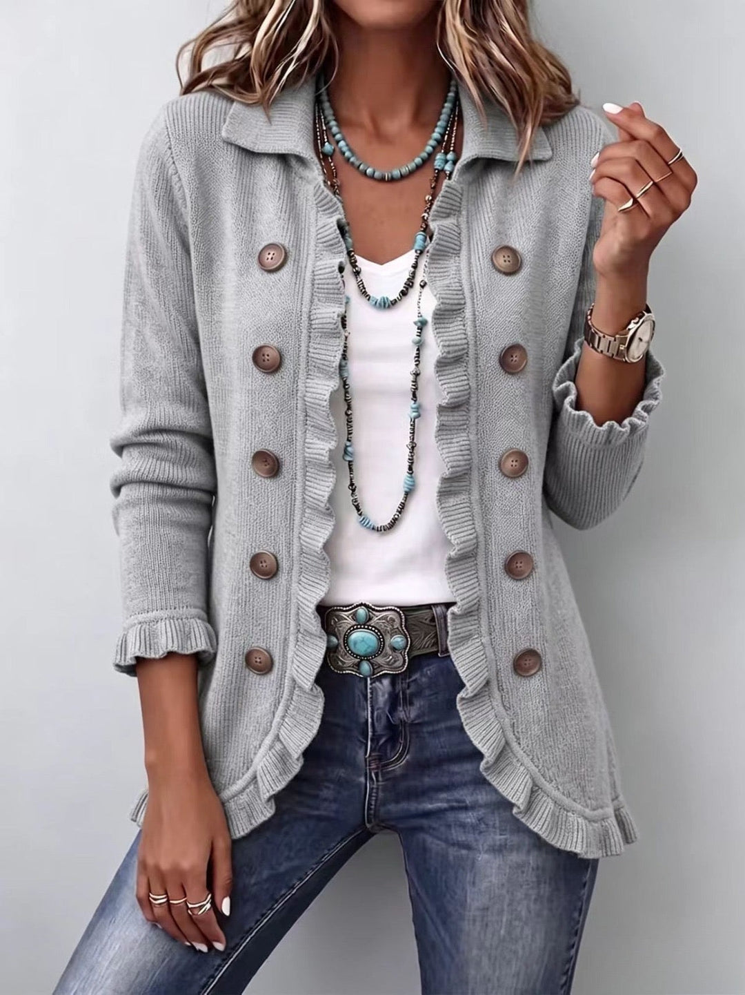Elowen | Giacca a Righe Grigia Heather con Rouches