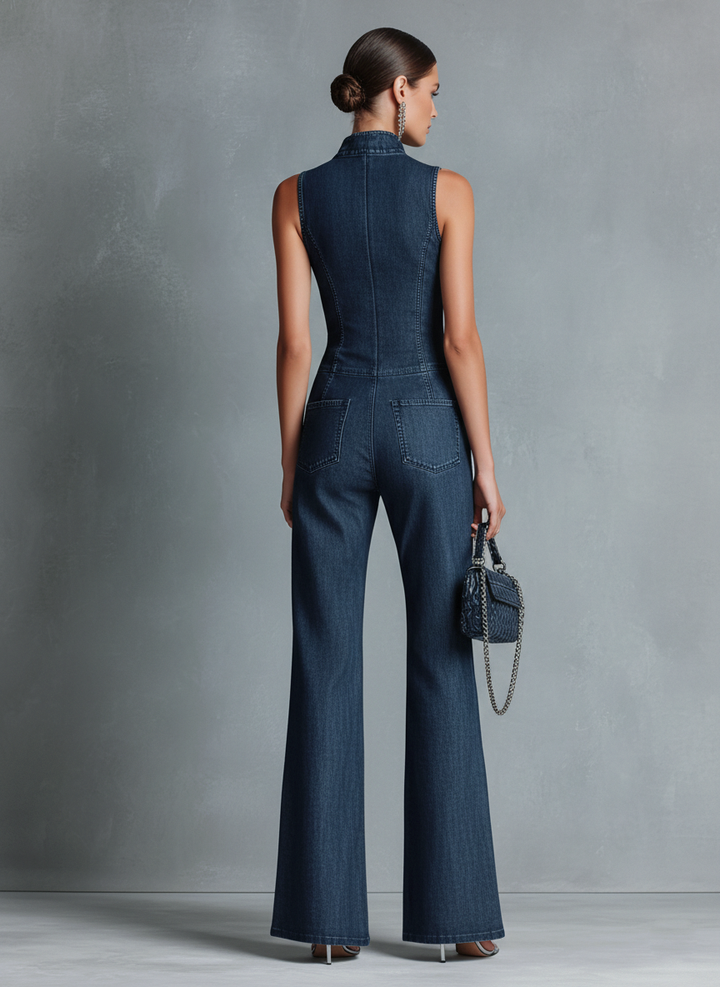 Valentino - Salopette senza maniche in denim blu scuro con colletto alto svasato in stile retrò