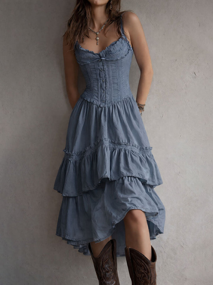 Abito Midi a Balze in Stile Retro Boho con Pizzo