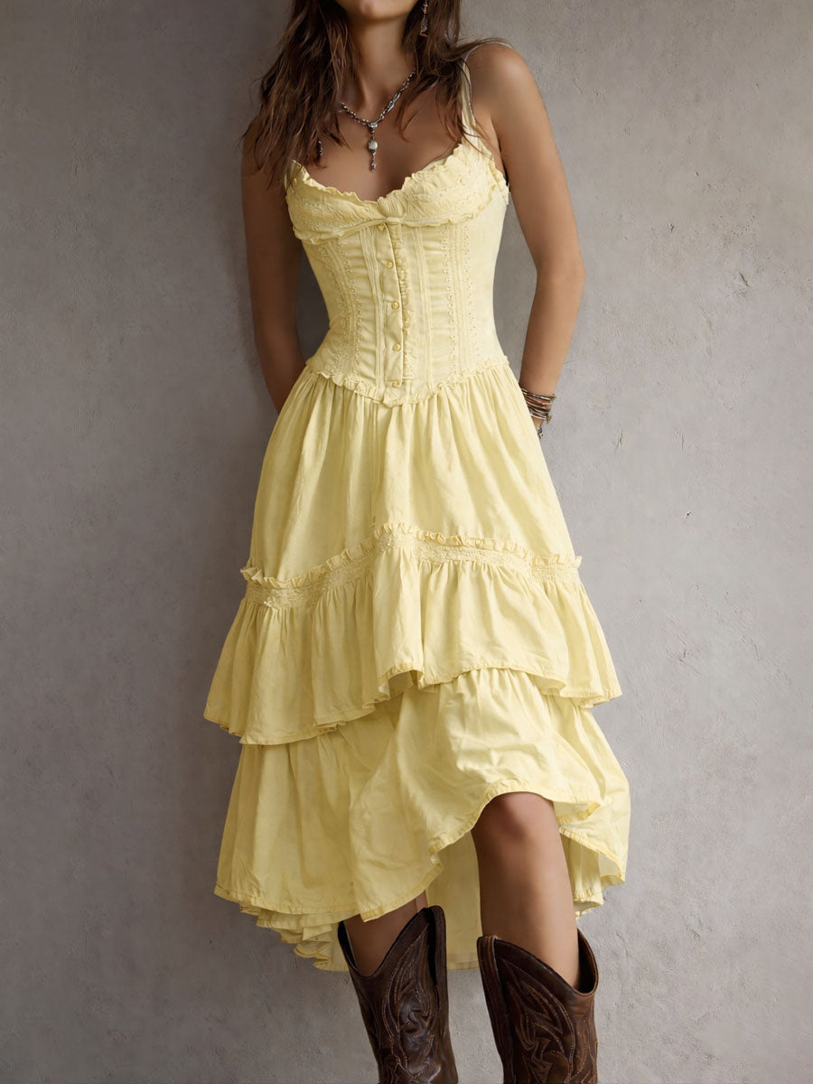 Abito Midi a Balze in Stile Retro Boho con Pizzo