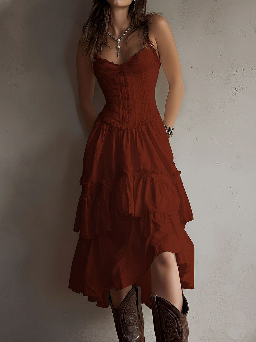 Abito Midi a Balze in Stile Retro Boho con Pizzo