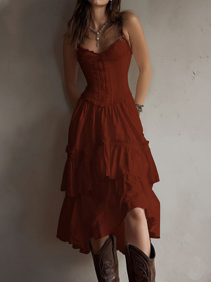 Abito Midi a Balze in Stile Retro Boho con Pizzo