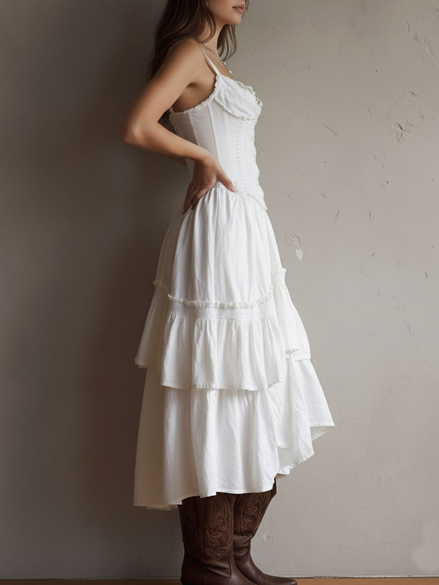 Abito Midi a Balze in Stile Retro Boho con Pizzo