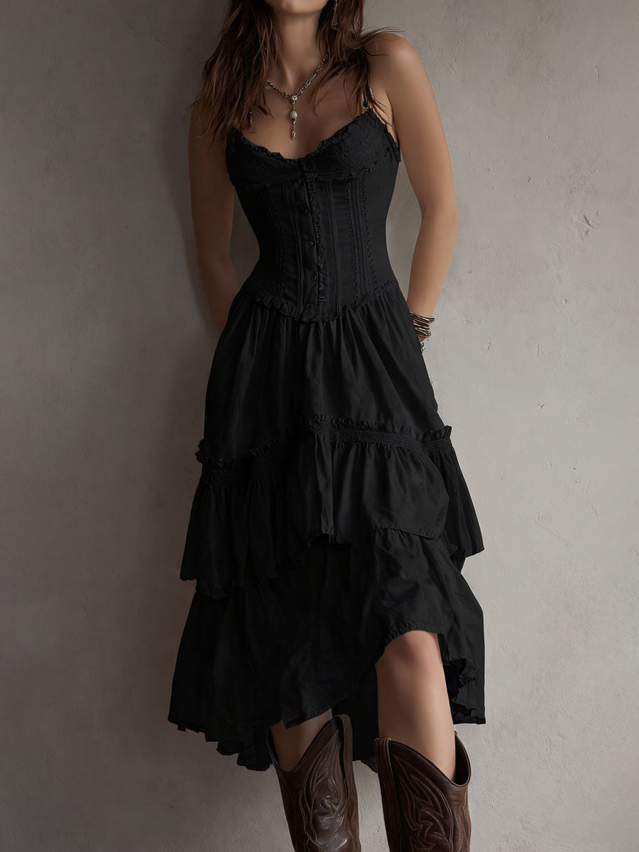Abito Midi a Balze in Stile Retro Boho con Pizzo