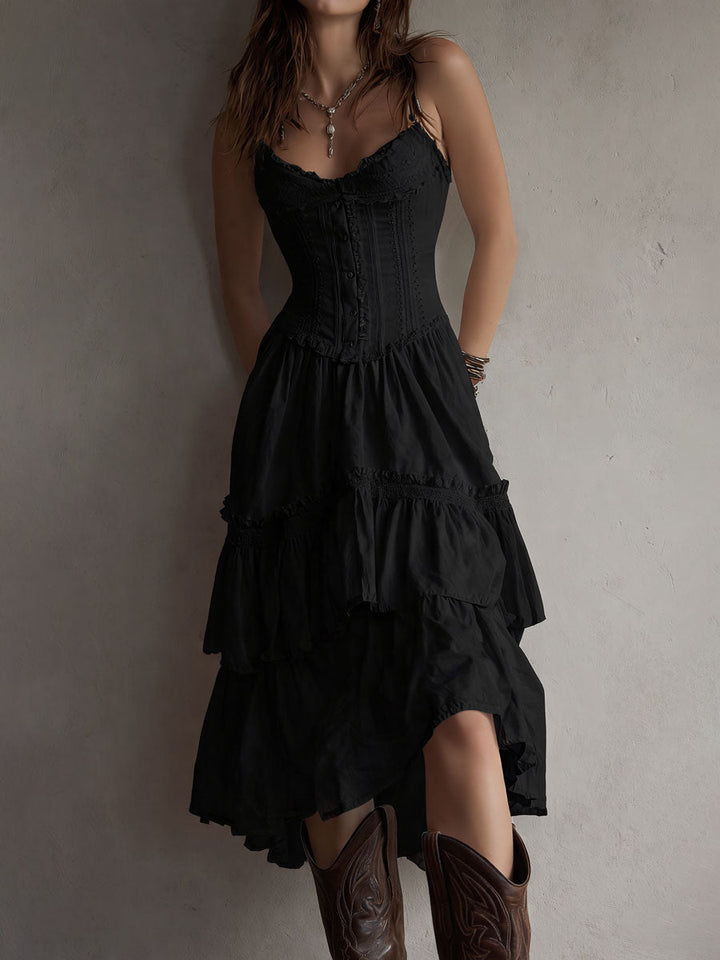 Abito Midi a Balze in Stile Retro Boho con Pizzo