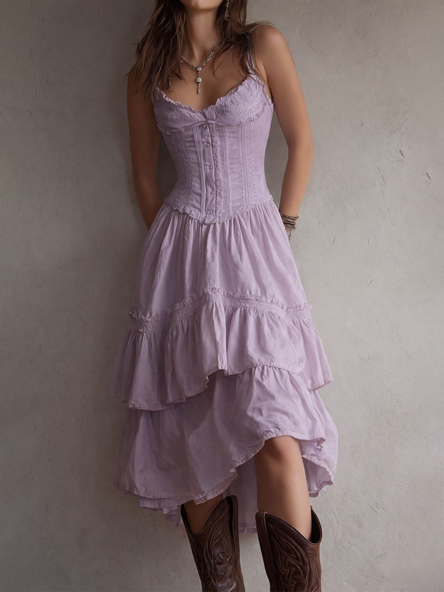 Abito Midi a Balze in Stile Retro Boho con Pizzo