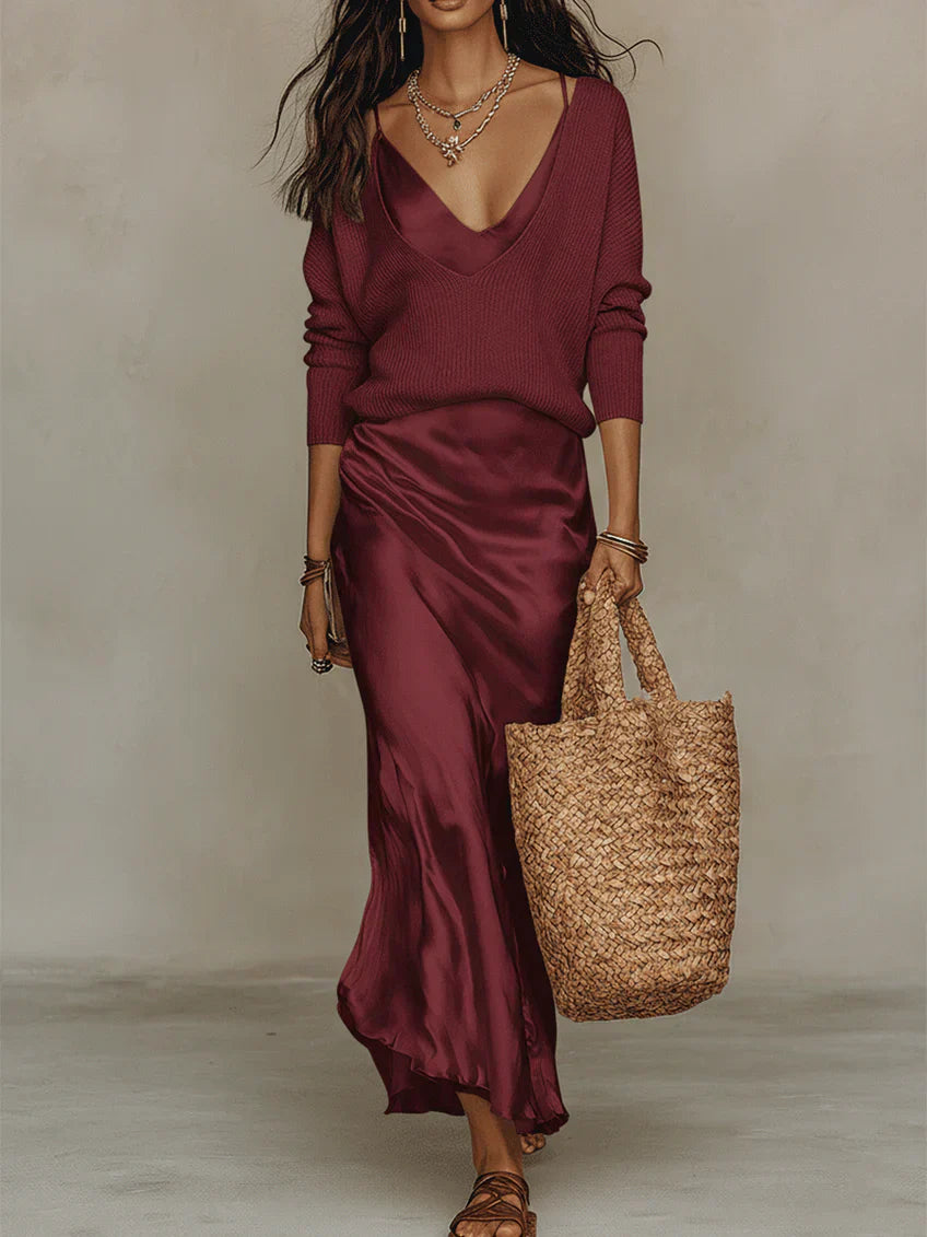 Elena | Vestito Midi in Satin con Maglione Incluso