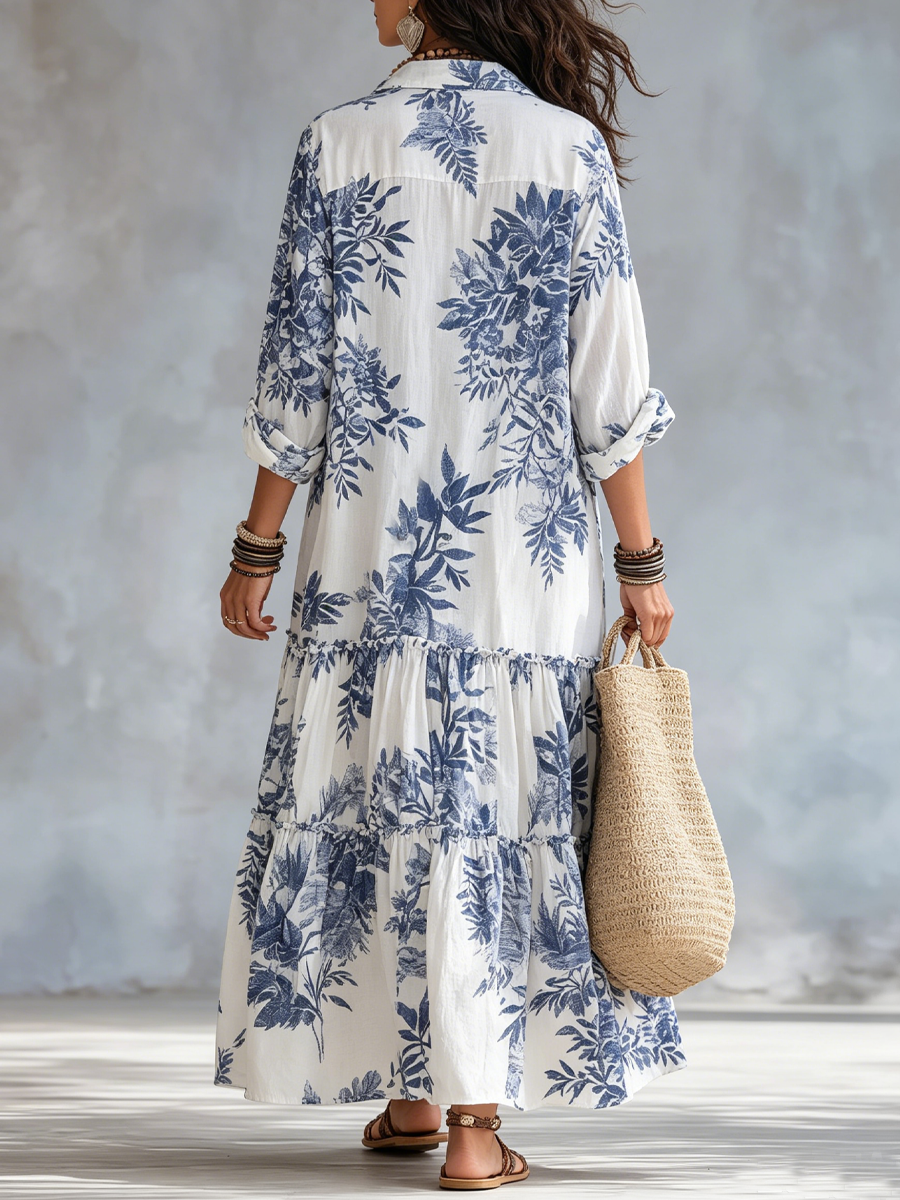 Liliana | Vestito lungo a fiori blu con bottoni
