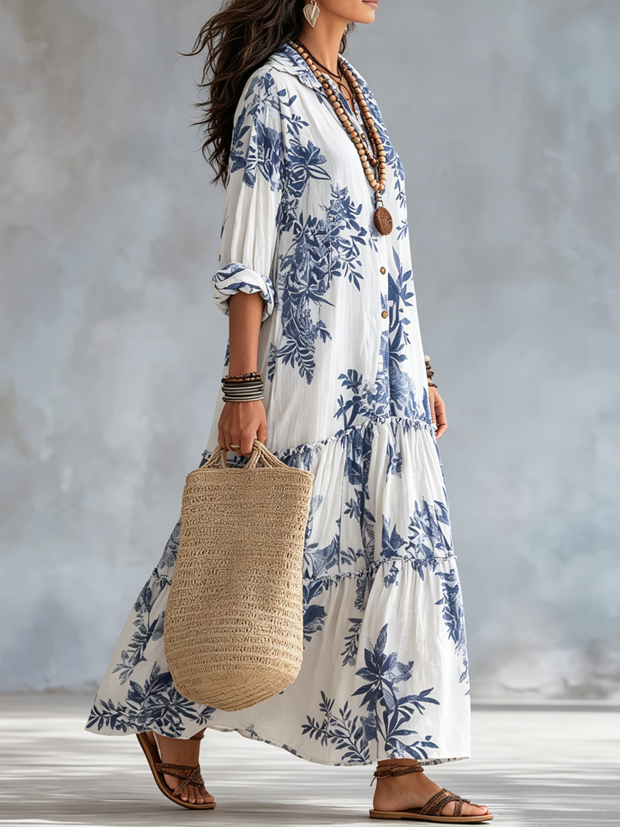 Abito Maxi Button-down Blu Floreale Bohemien