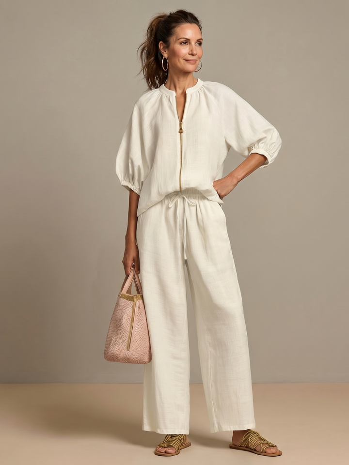 Natalia | Top Blouson con Zip e Pantaloni a Gamba Larga