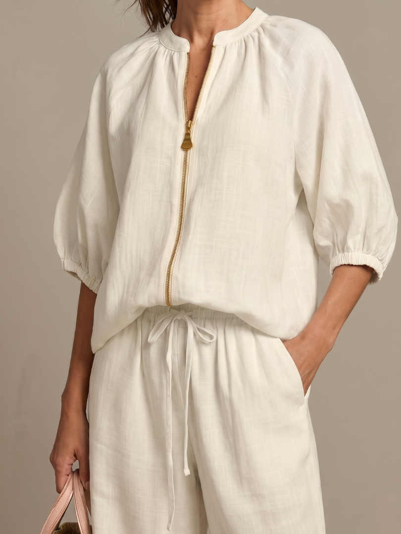 Natalia | Top Blouson con Zip e Pantaloni a Gamba Larga