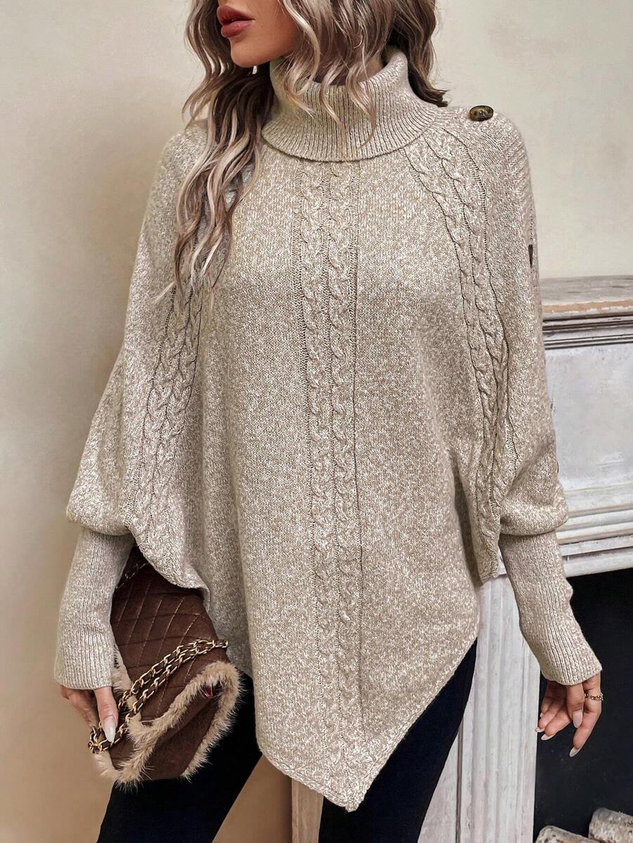Alexis | Maglione Poncho con Collo Alto e Maniche a Pipistrello, Pullover a Maglia Cable Asimmetrico