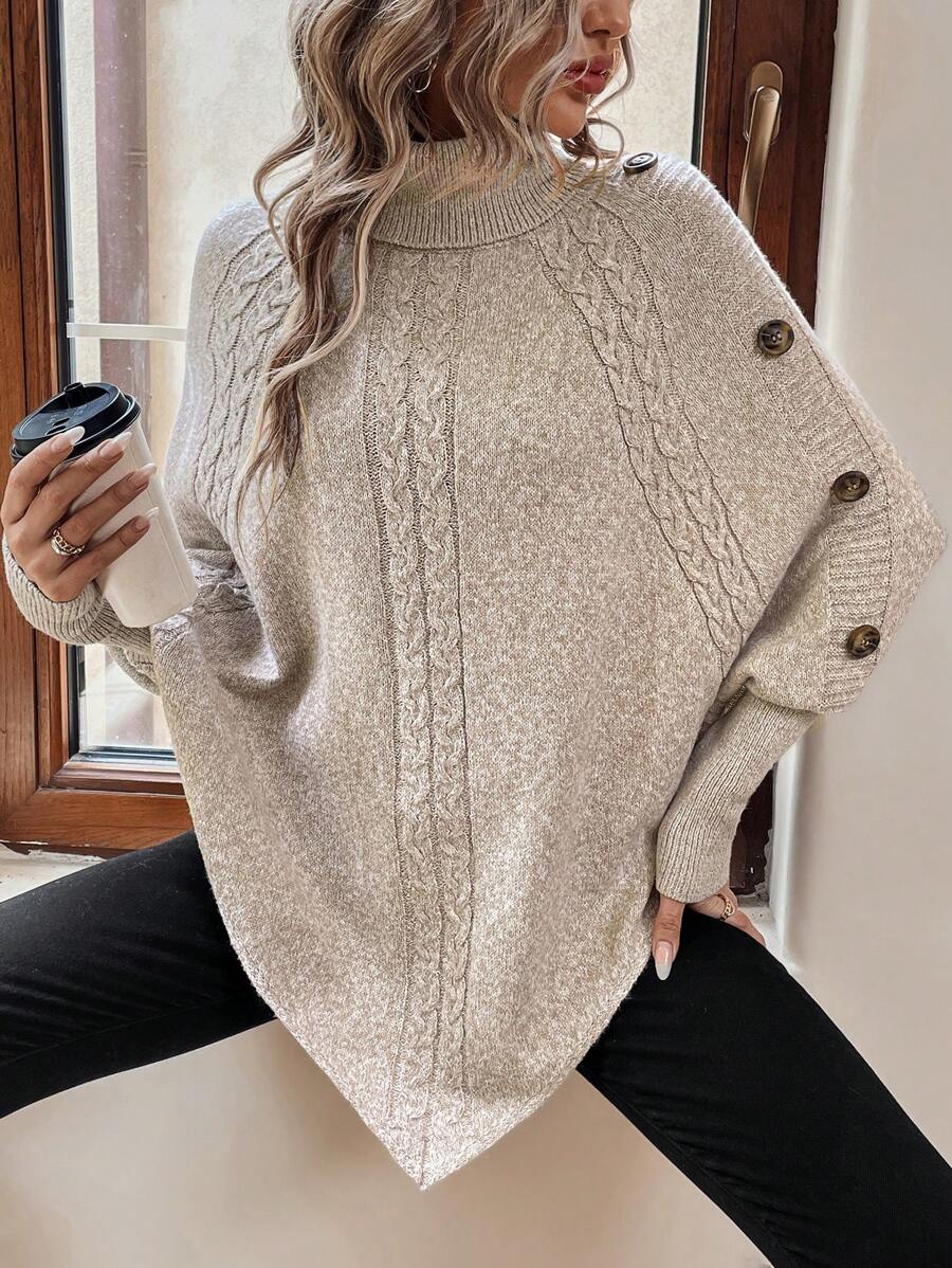 Alexis | Maglione Poncho con Collo Alto e Maniche a Pipistrello, Pullover a Maglia Cable Asimmetrico