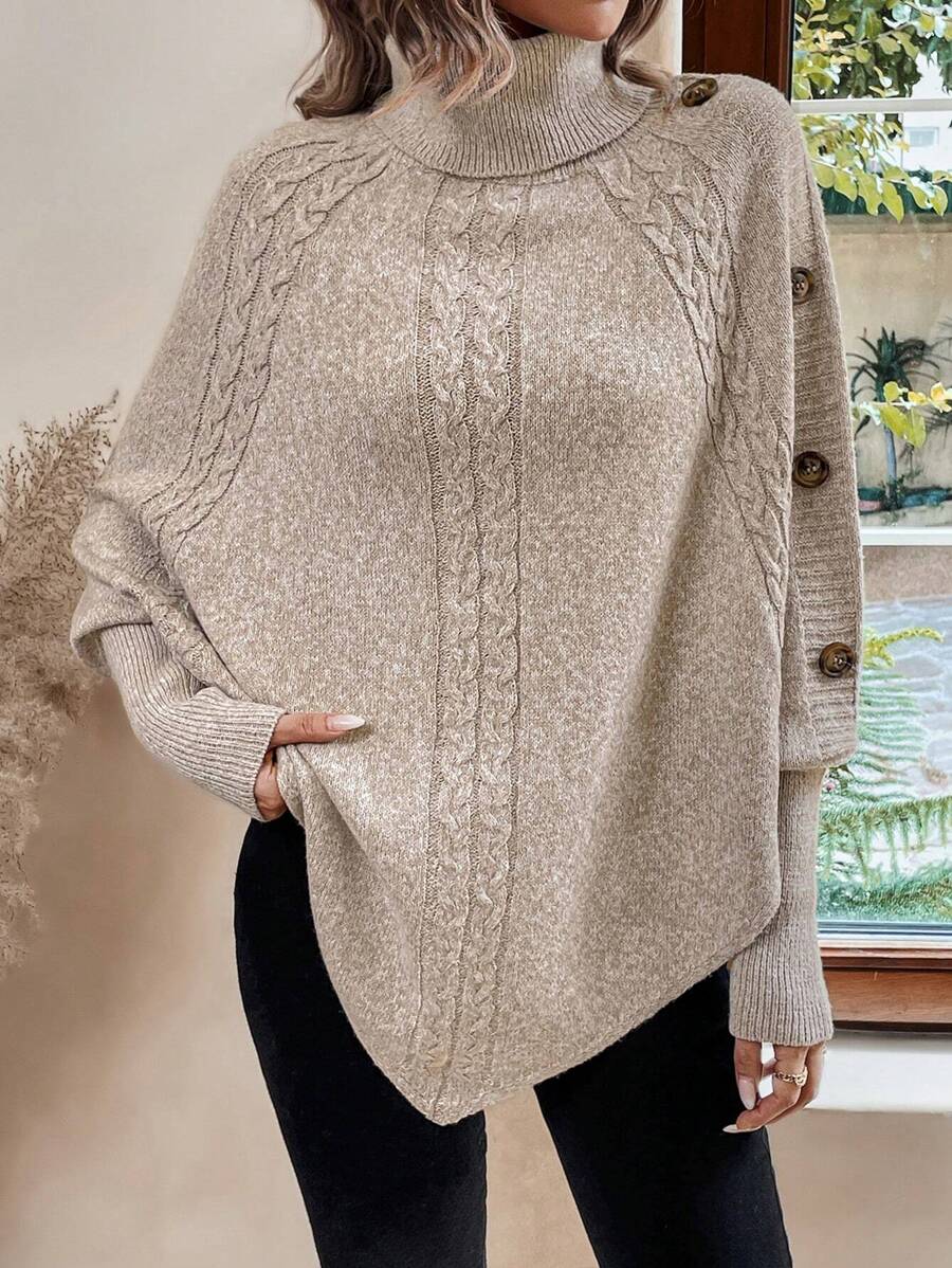Alexis | Maglione Poncho con Collo Alto e Maniche a Pipistrello, Pullover a Maglia Cable Asimmetrico