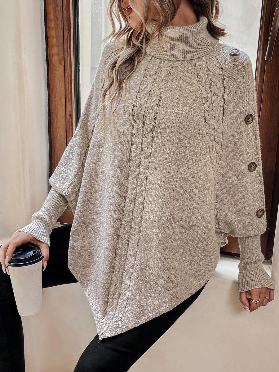 Alexis | Maglione Poncho con Collo Alto e Maniche a Pipistrello, Pullover a Maglia Cable Asimmetrico