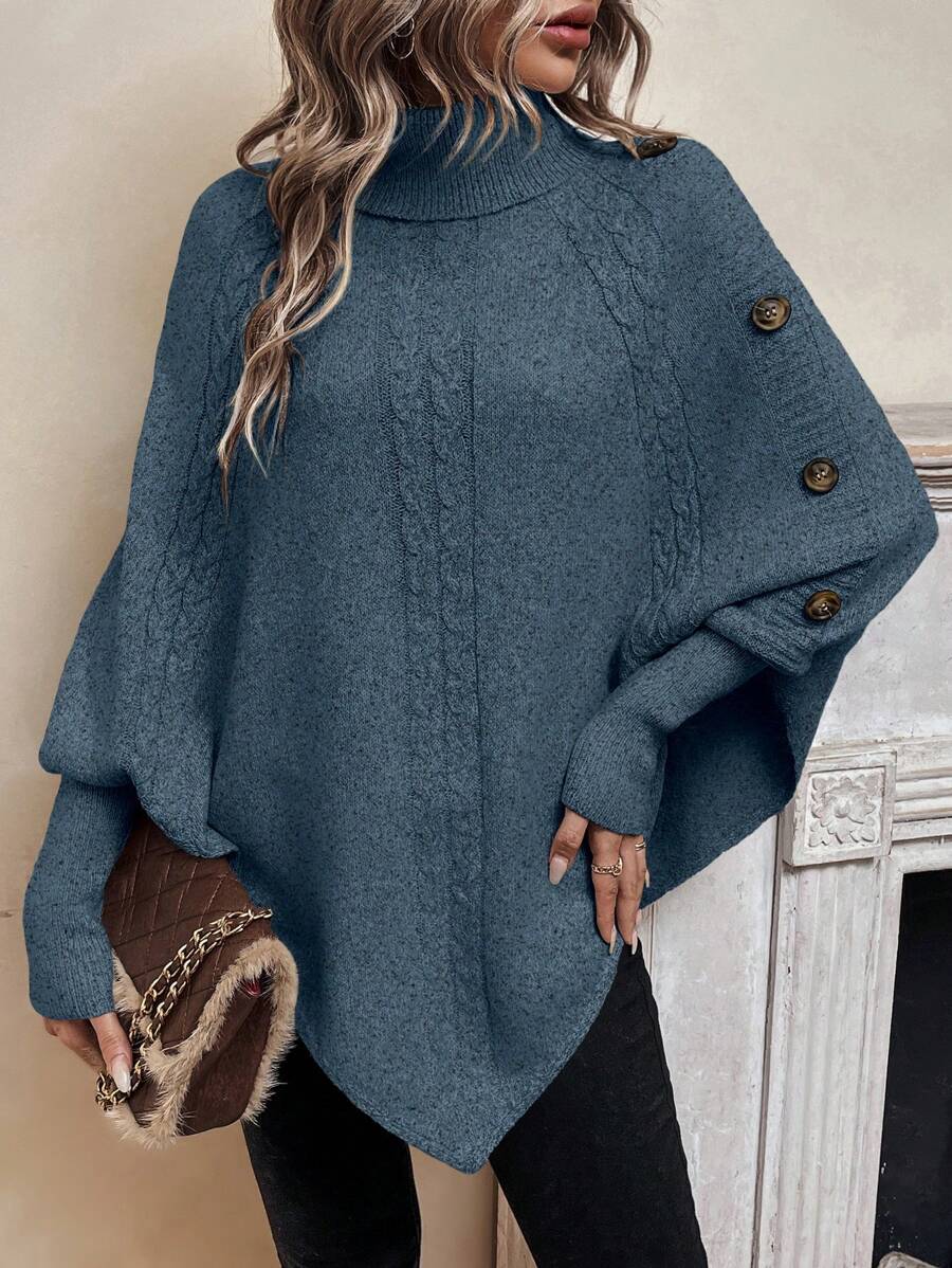 Alexis | Maglione Poncho con Collo Alto e Maniche a Pipistrello, Pullover a Maglia Cable Asimmetrico
