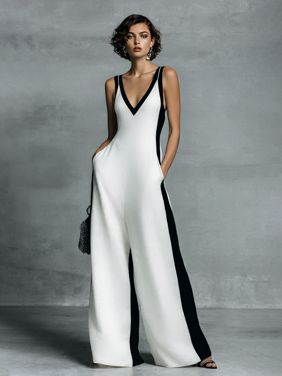 Victoire - Tuta Donna in Cotone Lino Nero e Bianco